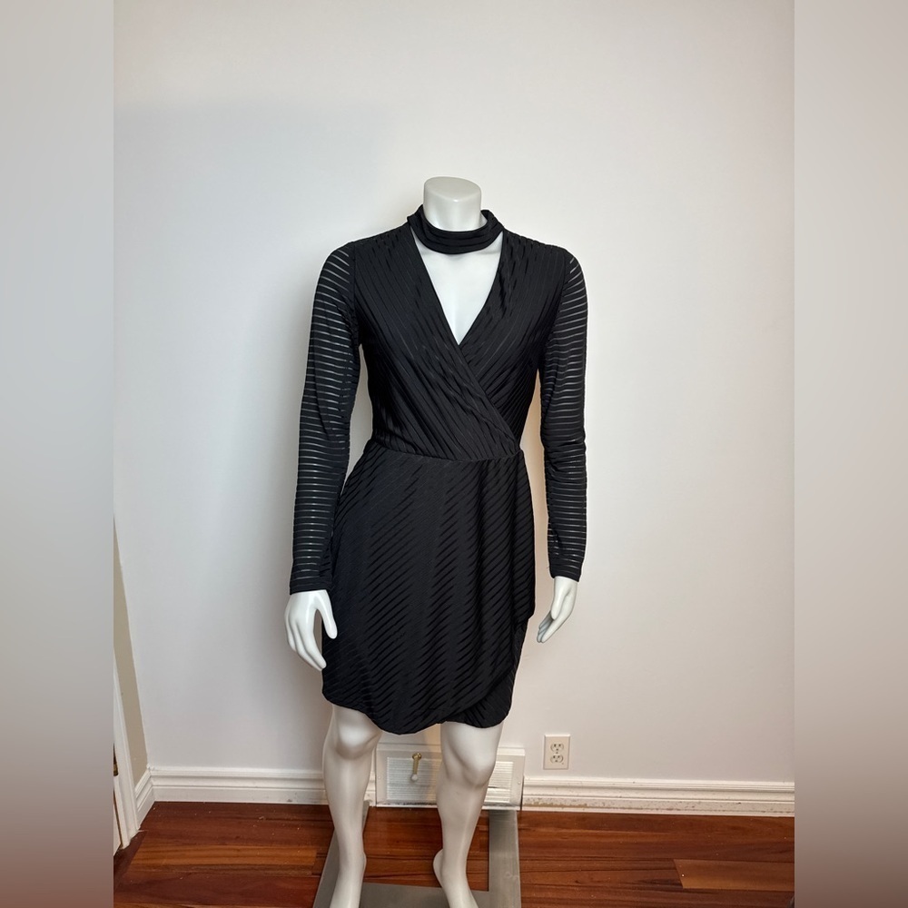 GUESS - Black Choker-neck striped dress with sheer sleeves and V-neck. 10